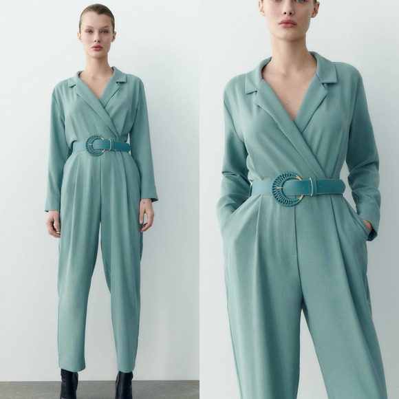 ZARA LONG BELTED JUMPSUIT TURQUOISE BLUE - Picture 2 of 13